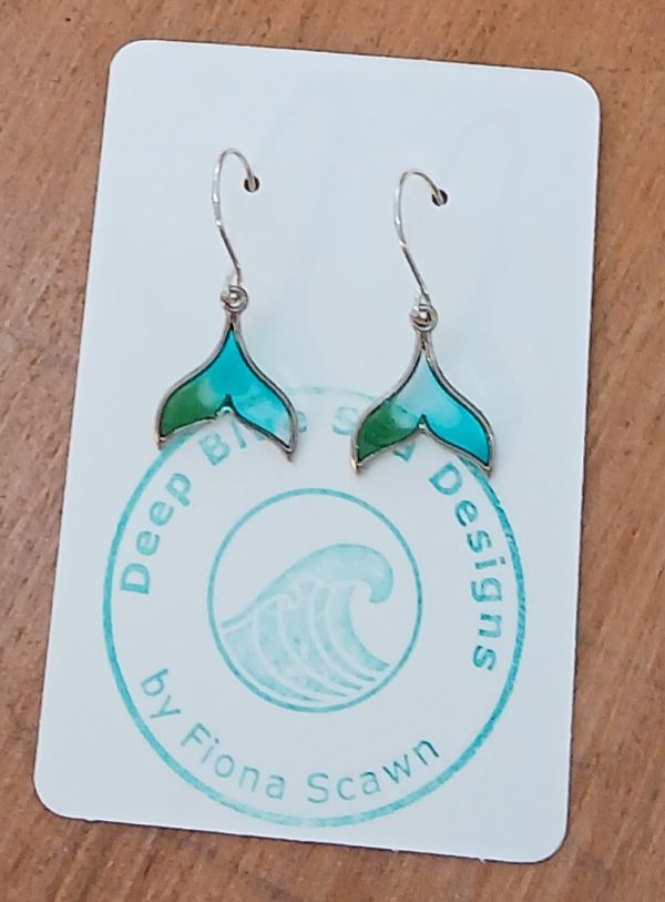 Earrings - Whale Tail Charms Enhanced with Translucent Resin (Turquoise & Green)